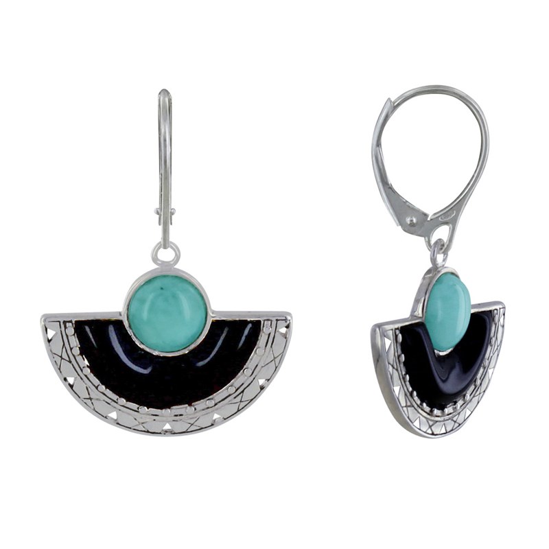 Boucles d'Oreilles Argent Eventail de Corne et Perle de Larimar