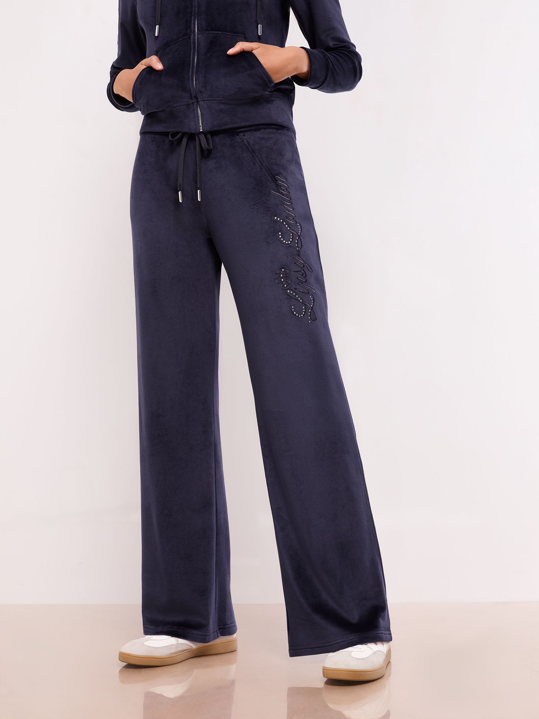 Marineblauw - Lipsy Geborduurde Velours Joggingbroek met Wijde Pijpen en Relaxte Pasvorm
