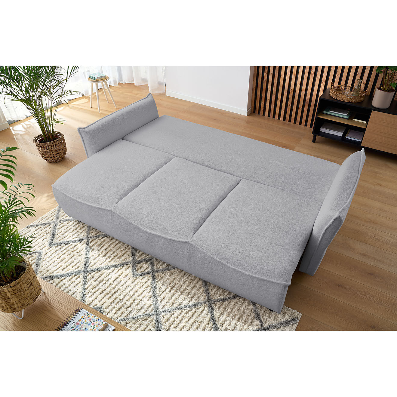 Bobochic Canapé 3 places convertible coffre Bouclette Leon gris clair - 226x97x90 cm
