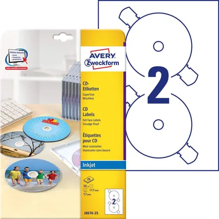 Avery Zweckform J8676-25 CD-Etiketten SuperSize,A4 Ø 117 mm, 25 Bogen/50 Etiketten, weiß