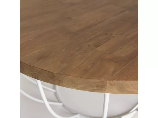 ALIDA - Table basse coque ronde 80x80cm plateau teck recyclé piétement métal blanc