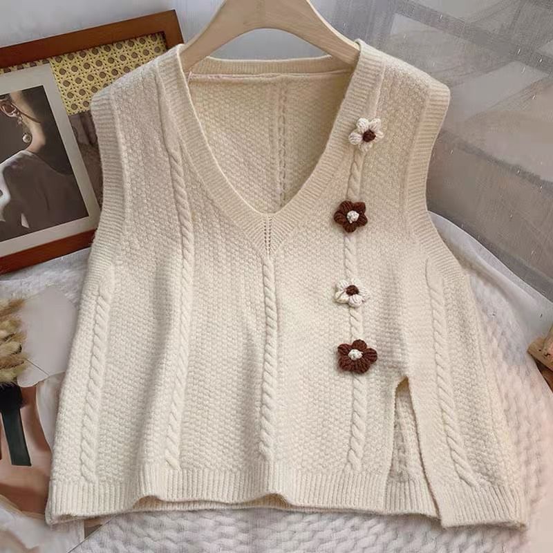 FR - V-hals bloemengebreid vest