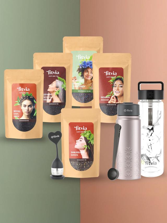 Schwarzer Tee Set mit 5 verschiedenen Teesorten, 2 Flaschen, Tee-Ei & Teelöffel, 9-teilig