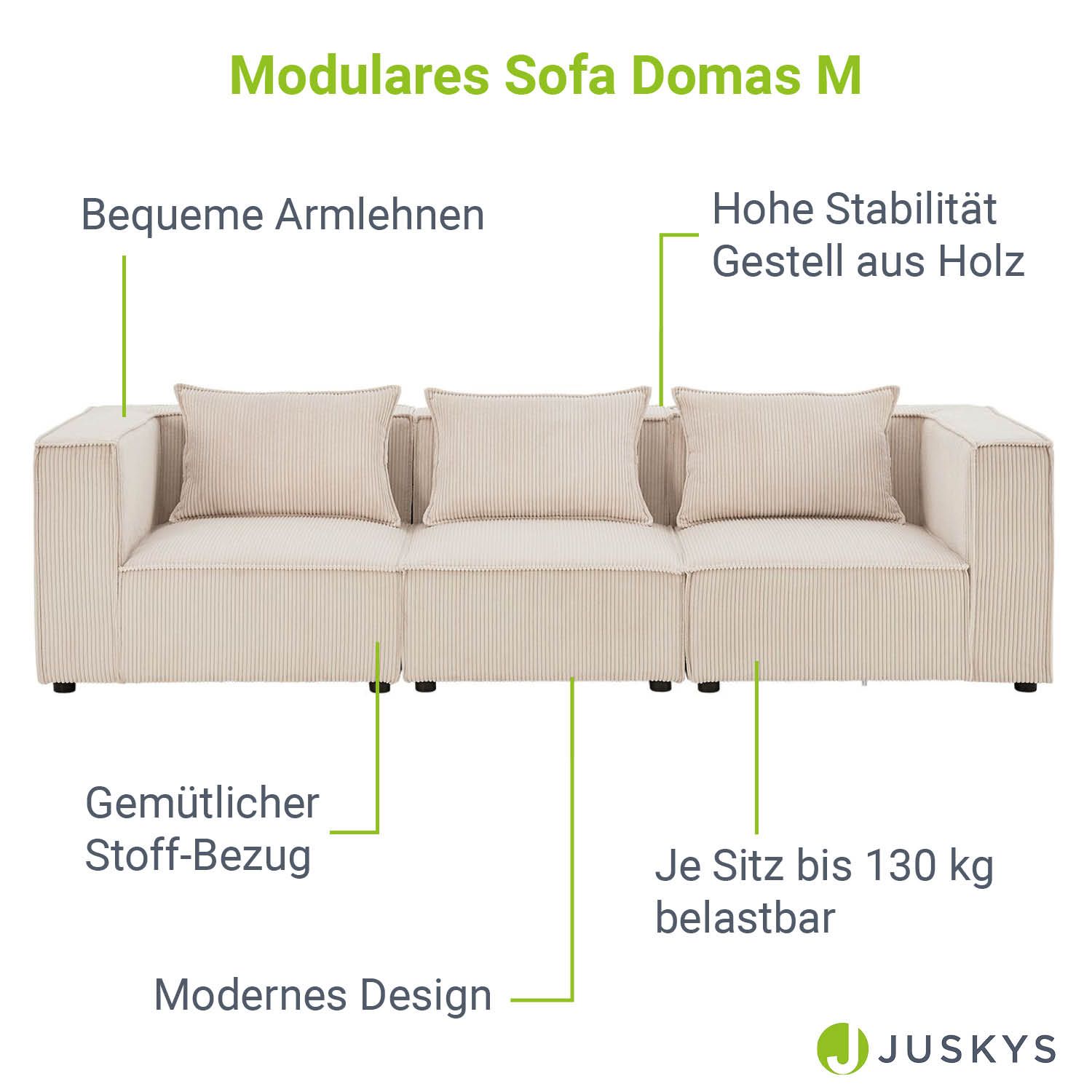 Juskys modulares Sofa Domas M - Couch Wohnzimmer - 3 Sitzer mit Lehnen & Kissen - Cord Beige