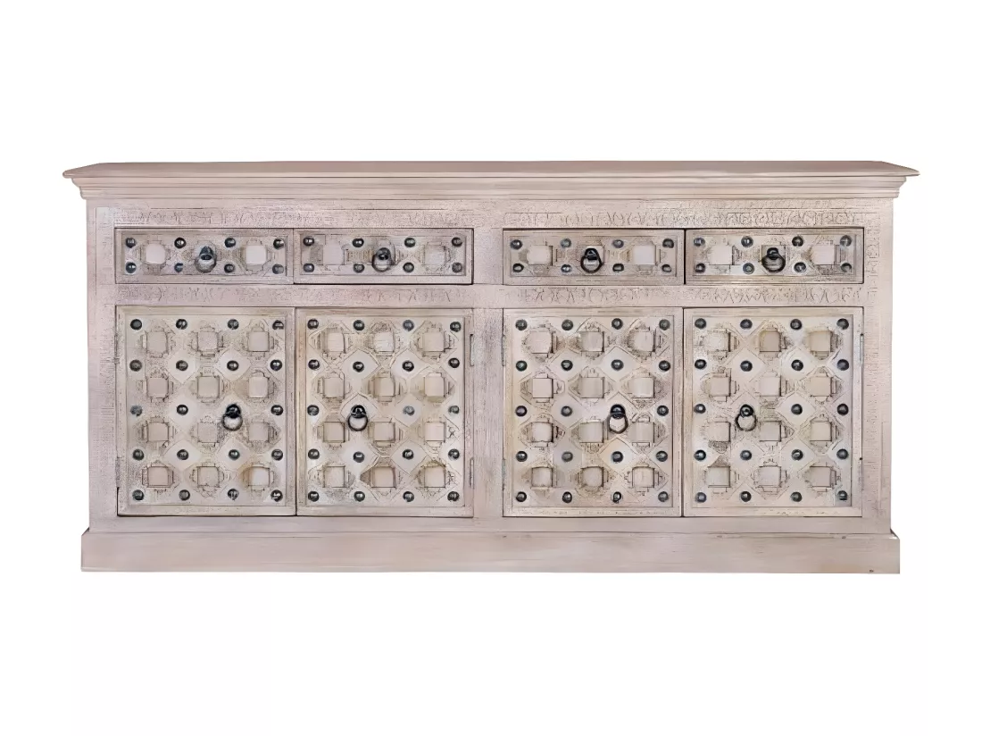 Bahut 4 Tiroirs Bois, Fer Blanc 190x40x92cm Bois-Fer - Yzaline Décoration d'Autrefois