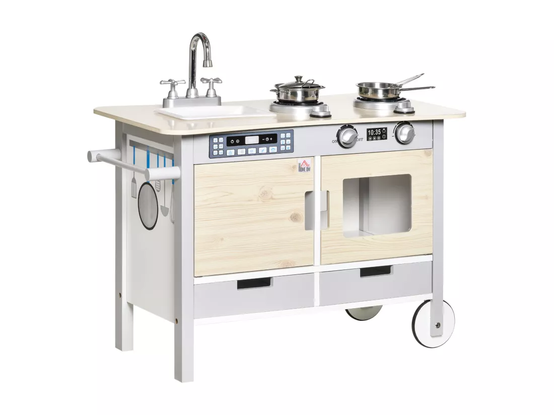 Cuisine desserte pour enfant 2 en 1 multi-équipement avec 5 accessoires acier inox. MDF aspect bois clair gris