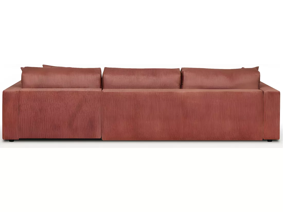 Canapé d'angle à droite convertible 5 places en velours côtelé terracotta avec coffre de rangement - Robin