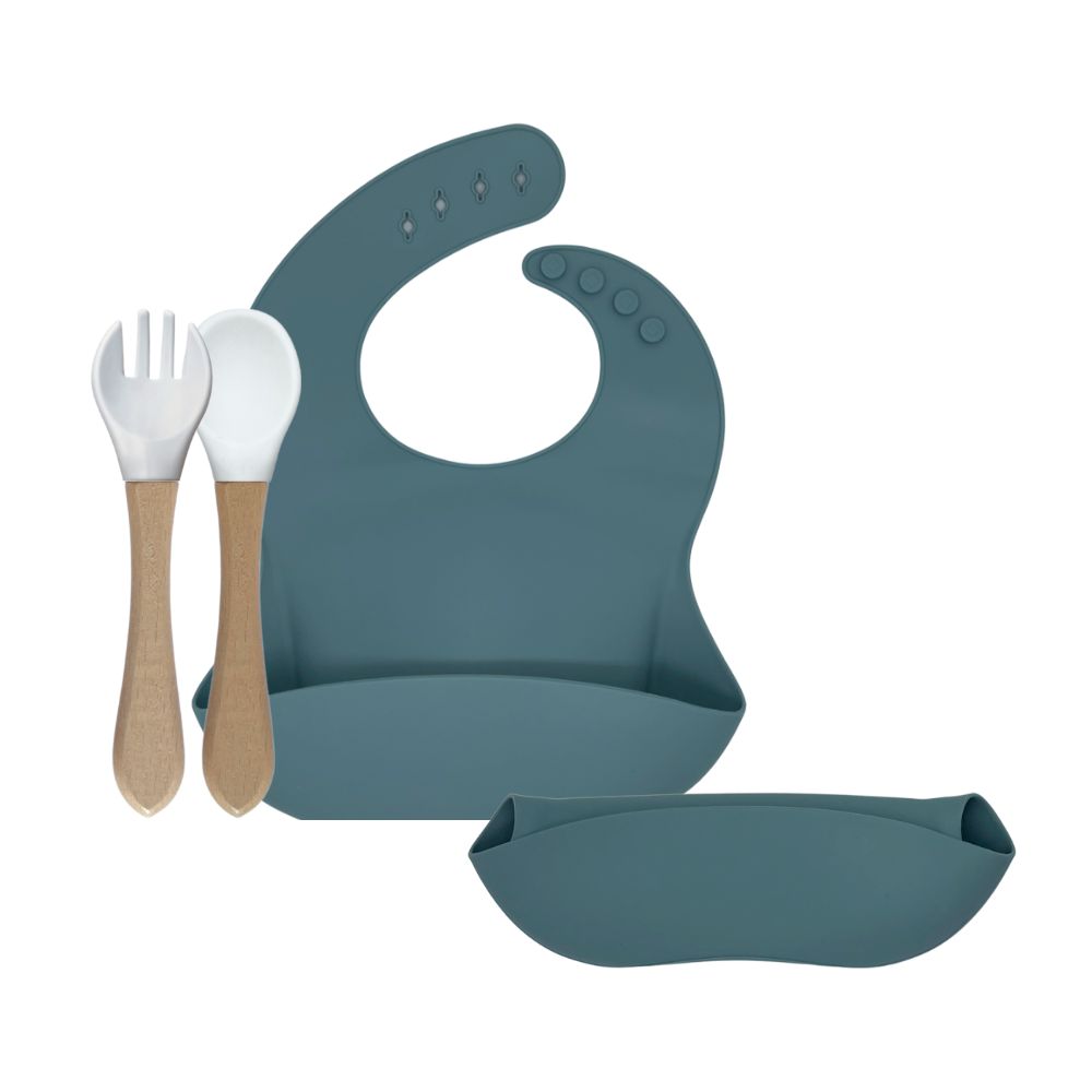 green-goose Silikon-Lätzchen mit Bambusbesteck - Blaugrau