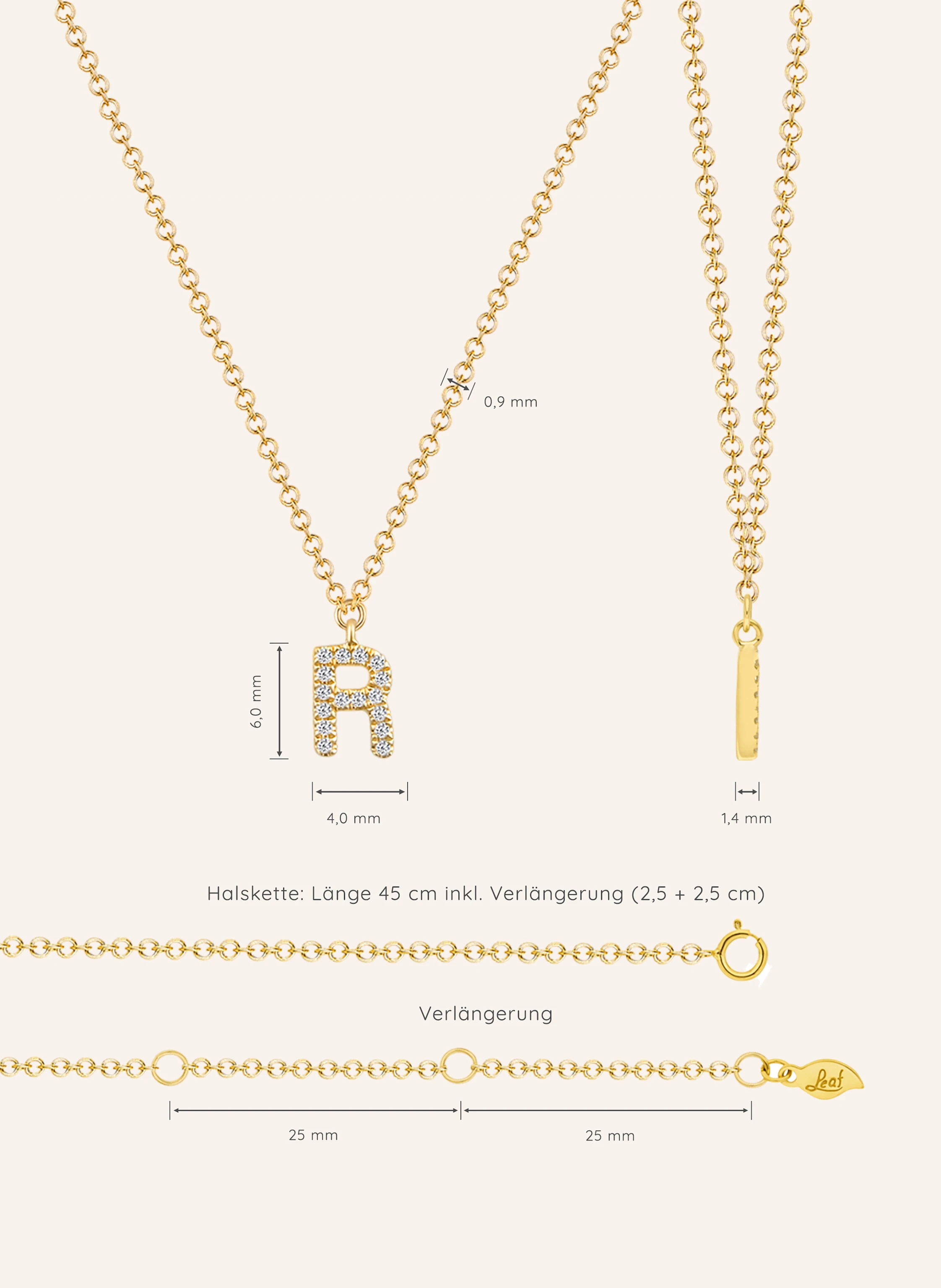 Leaf INITIALIEN Halskette „R“ aus 14 Karat Gelbgold mit Diamanten