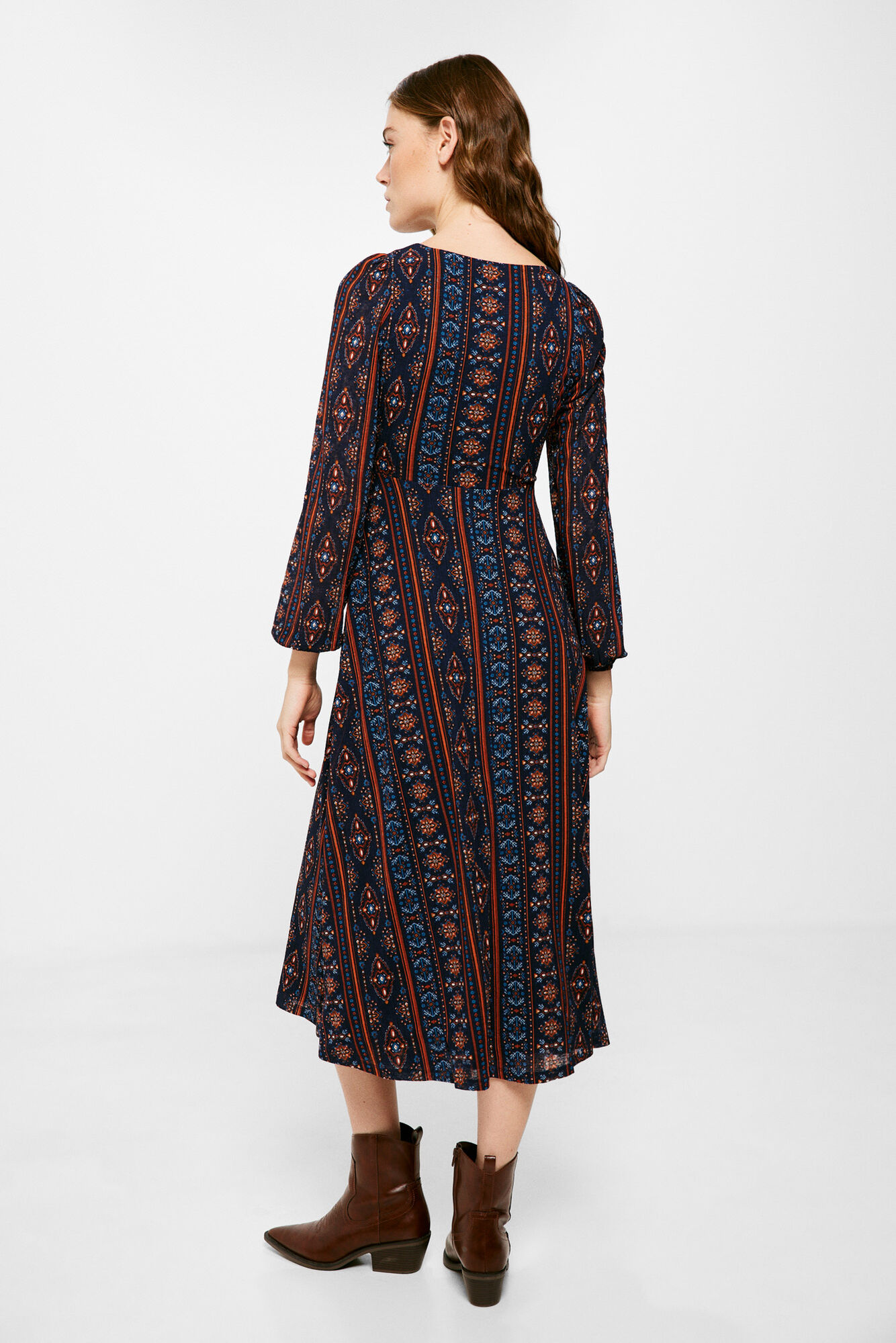 Vestido midi floral com borda vertical