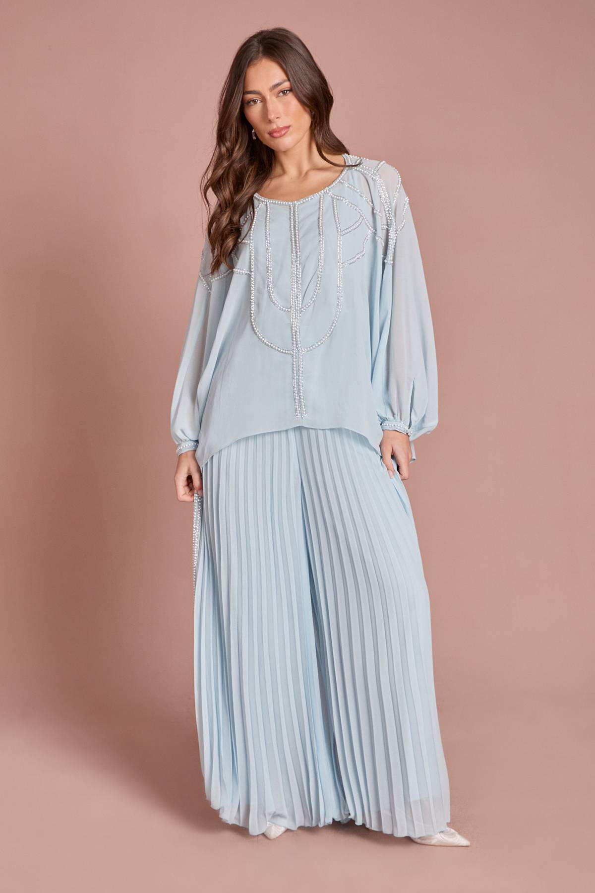 Coast Pantalon Large En Georgette Plissée Orné De Perles