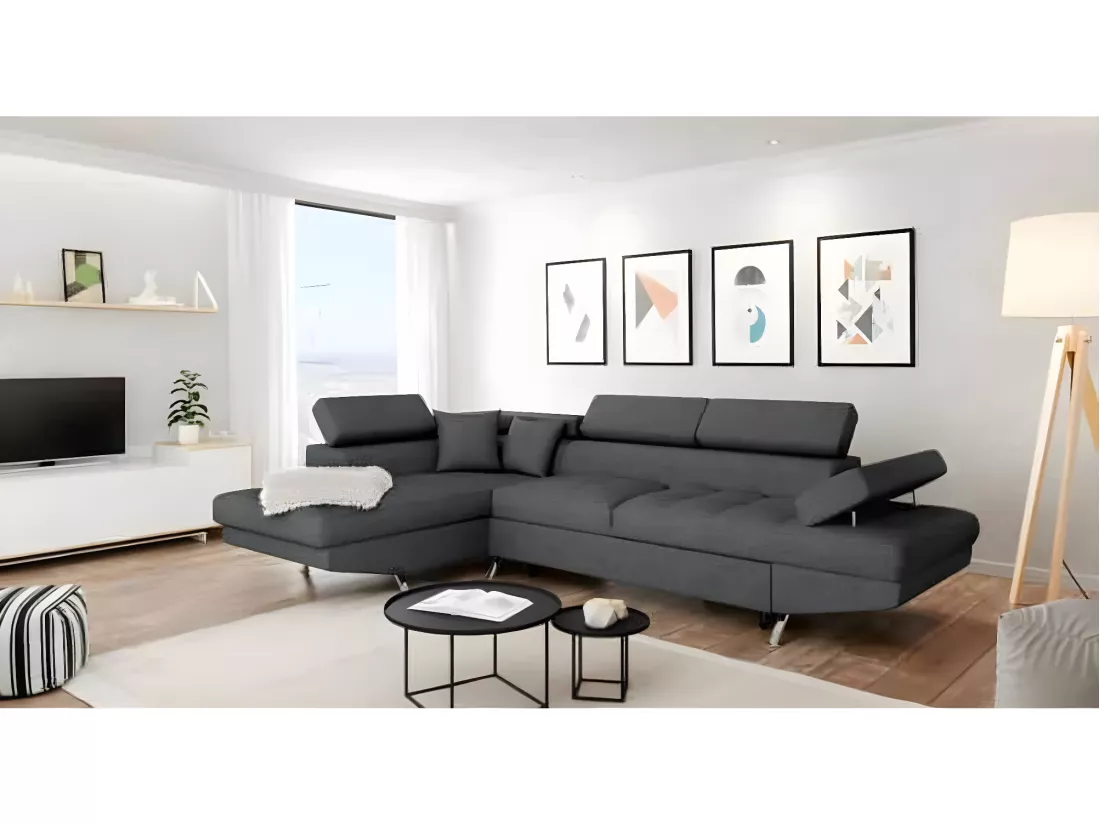 Canapé d'angle gauche 5 places Rio Convertible avec coffre en tissu - Gris anthracite - L271 x P192 x H70cm - Loungitude