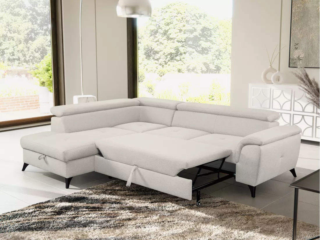 Canapé d'angle convertible gauche en tissu beige BORTIGALI