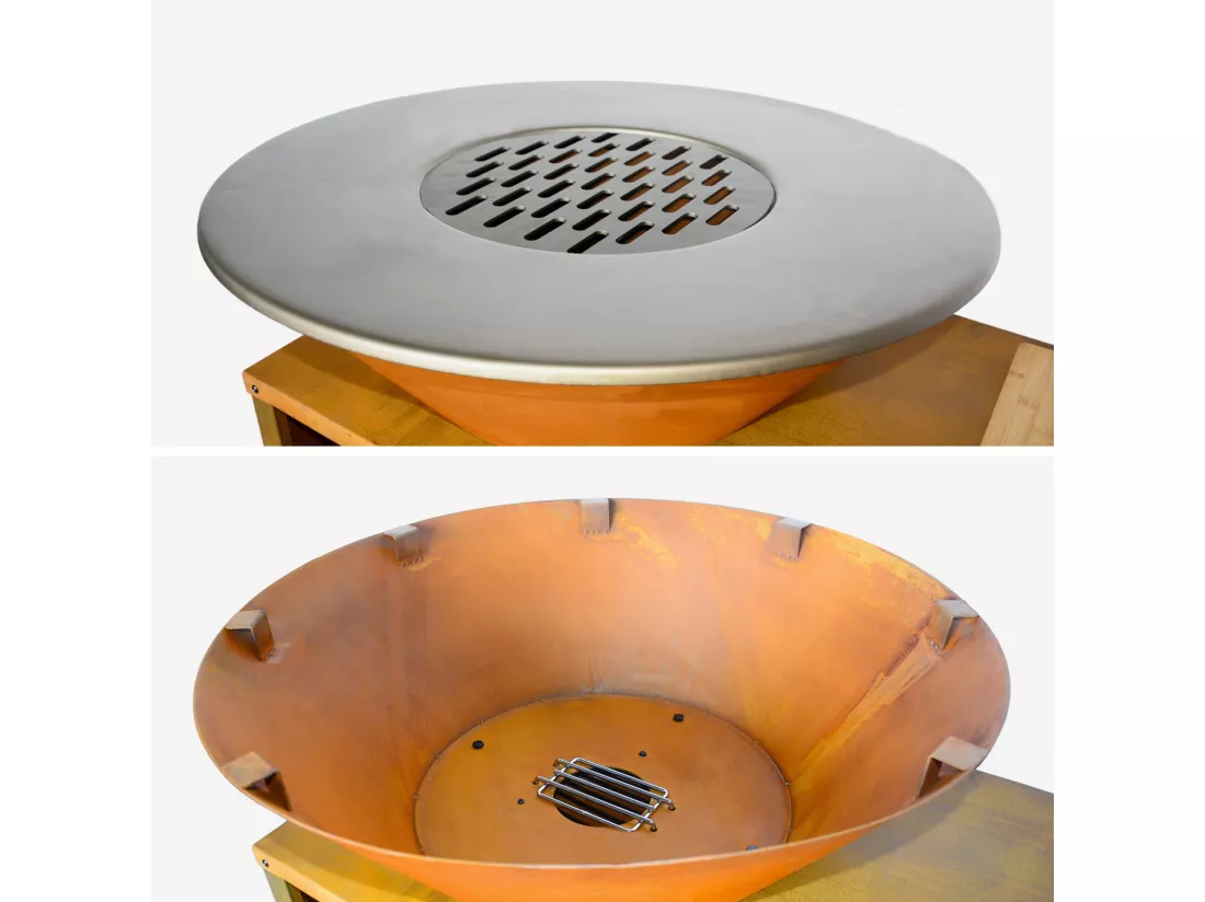 Braséro de cuisson Ø80cm - Stromboli - coloris corten avec grille de cuisson et espace de rangement. L 138 x P 82 x H 114 cm