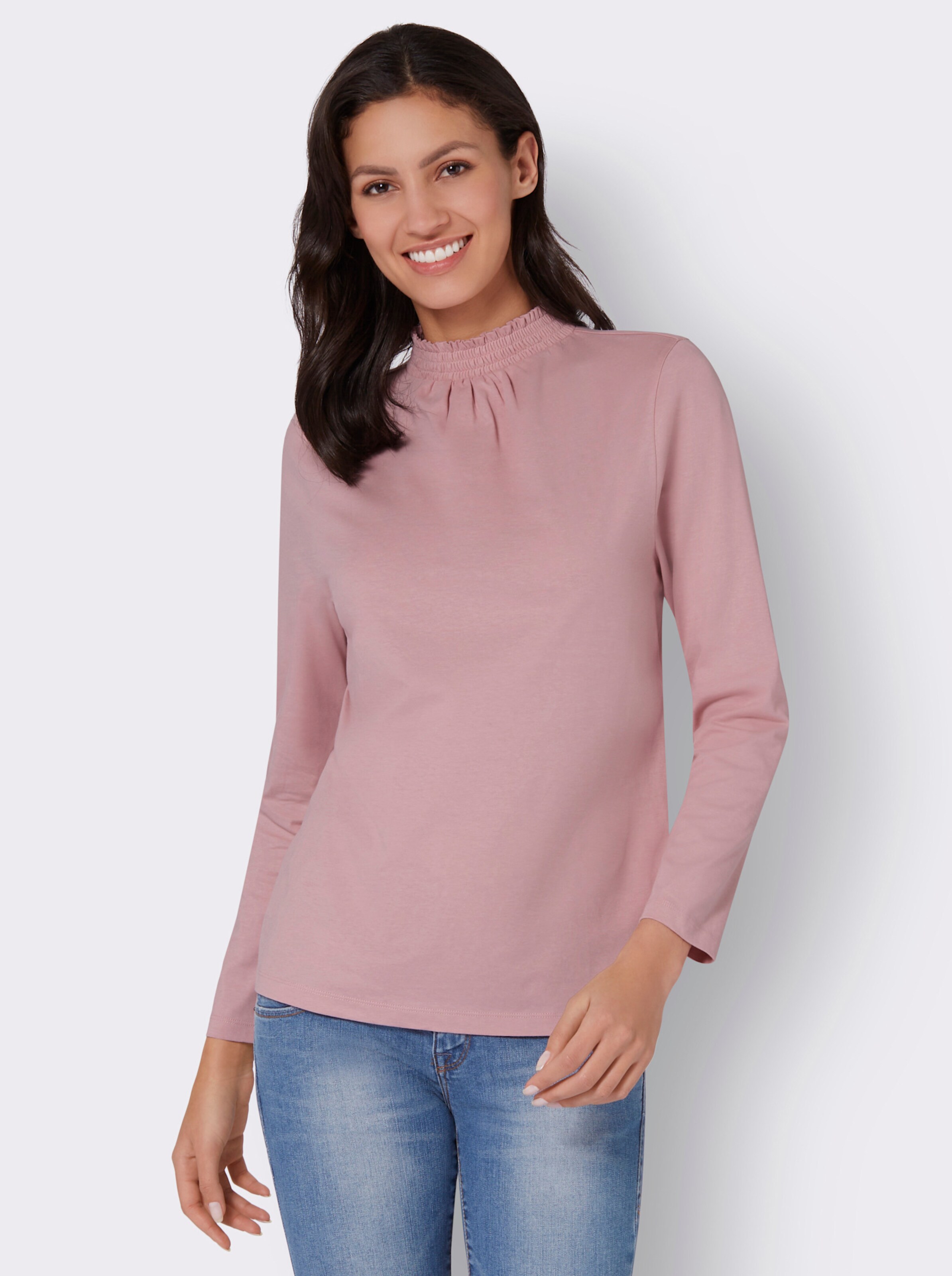 Stehkragenshirt mit Raffungen im Vorderteil