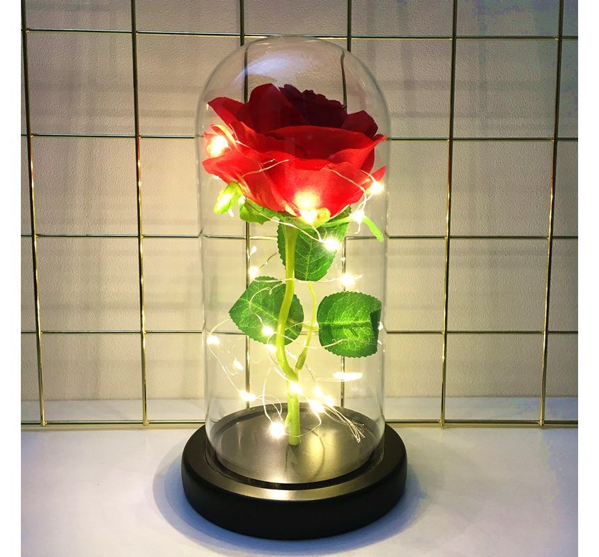 HOMTEC - Kunstbloem met glazen koepeldisplay en lichtsnoer