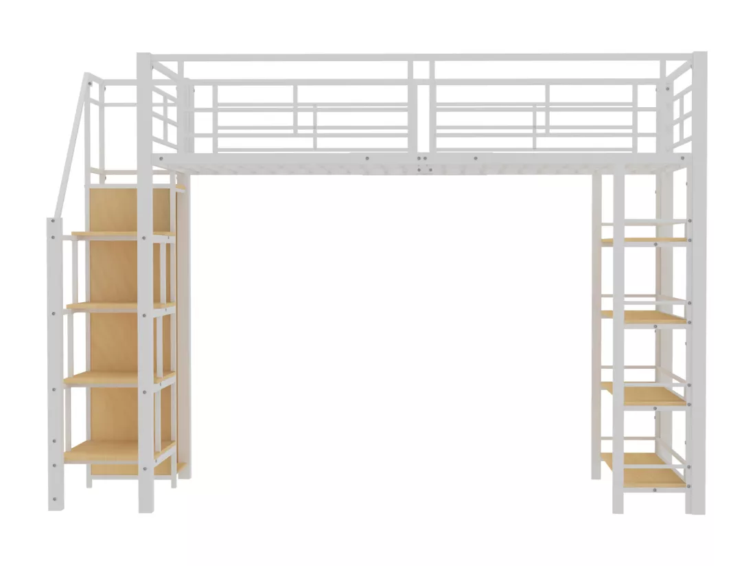 Lit mezzanine 90x200 cm - avec petite armoire et étagères de rangement - Blanc