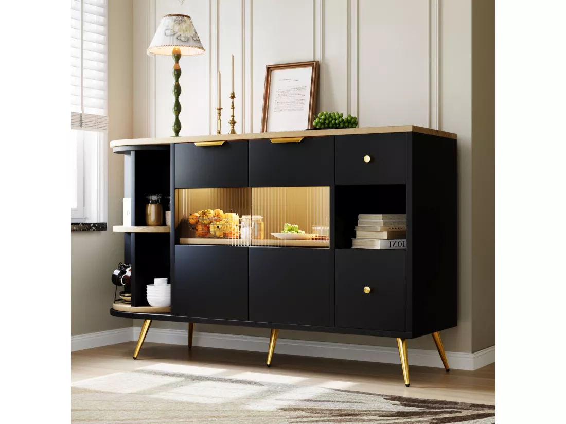 Buffet armoires de rangement effet bois et noir avec 2 portes battantes en verre éclairage LED poignets et pieds dorés RIPHRENS BLACK