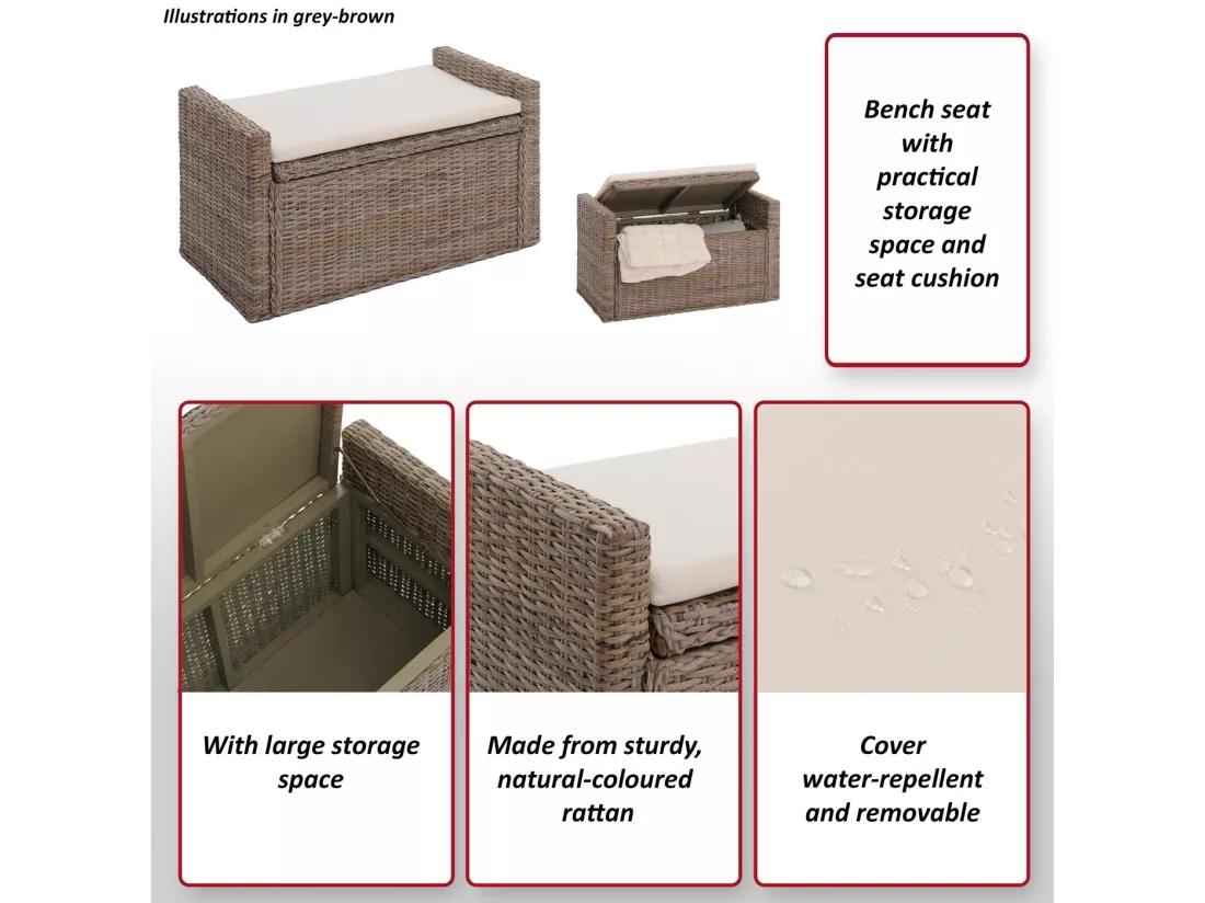 Banc Genua Rattan Compartiment de rangement, kubu, gris