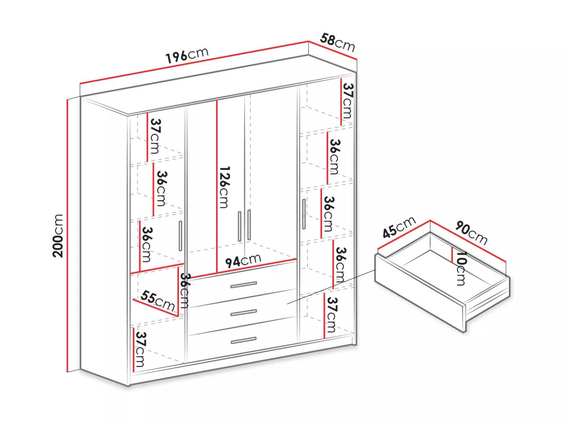 Armoire Dortivu 114, Graphite, 200x196x58cm, Portes d'armoire: Avec des charnières