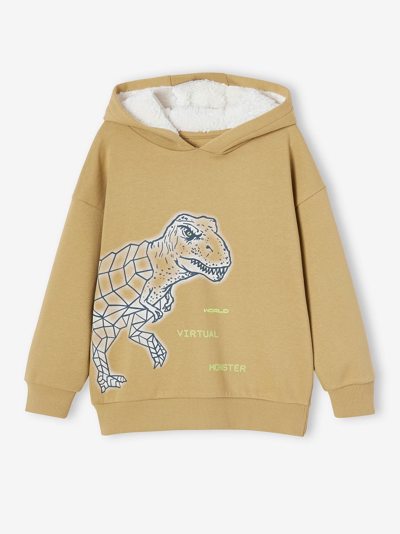 Moletom com capuz estampado com dinossauros e forro de sherpa para meninos, cor verde-oliva