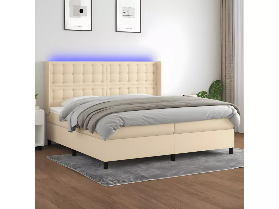 Sommier tapissier et matelas et LED Crème 200x200 cm Tissu