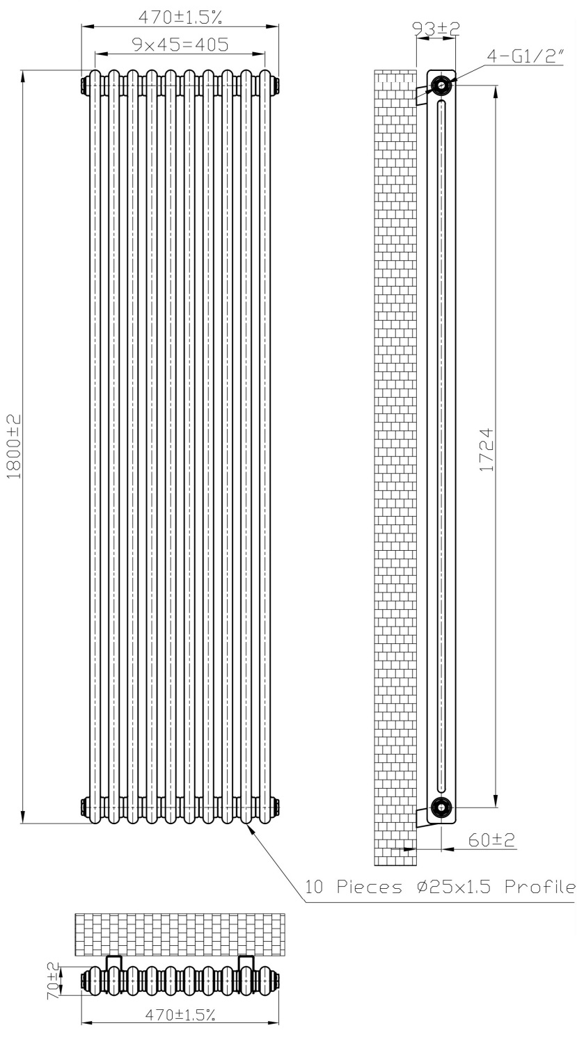 Eastbrook Imperia 2 koloms radiator 45x180cm 1487W zwart mat