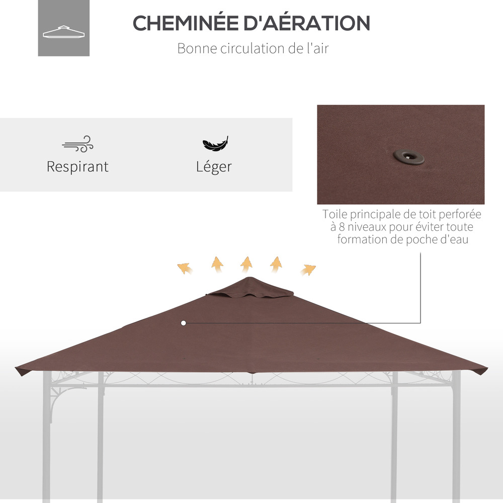 Toile de rechange pour pavillon tonnelle tente 3 x 3 m polyester haute densité 180 g/m² revêtement pa anti-uv chocolat