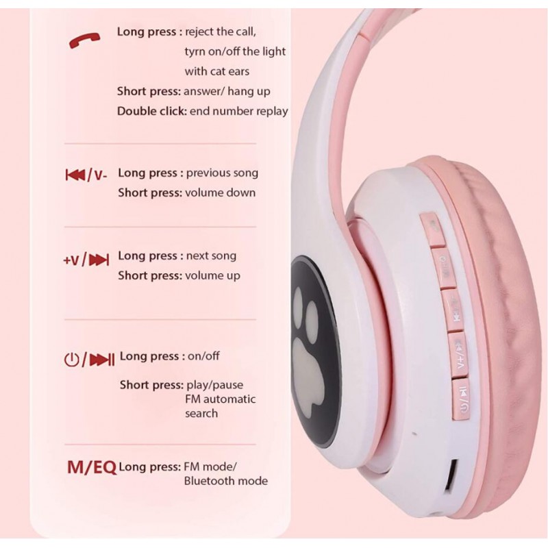 Fones de ouvido sem fio Smartek com orelhas de gato e luz LED Bluetooth.