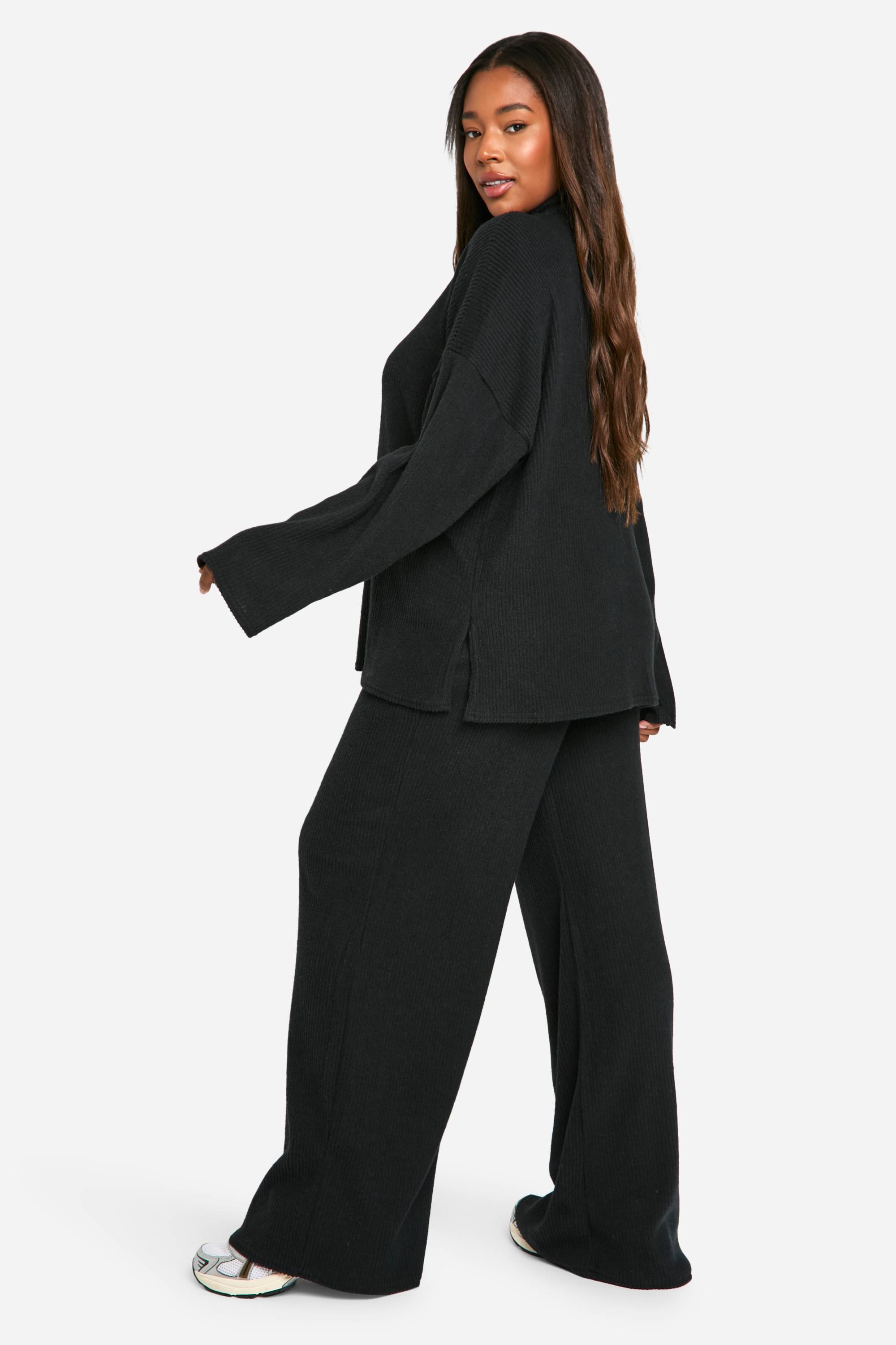 boohoo Pull décontracté en côtes douces pour grandes tailles & Pantalon à jambes larges