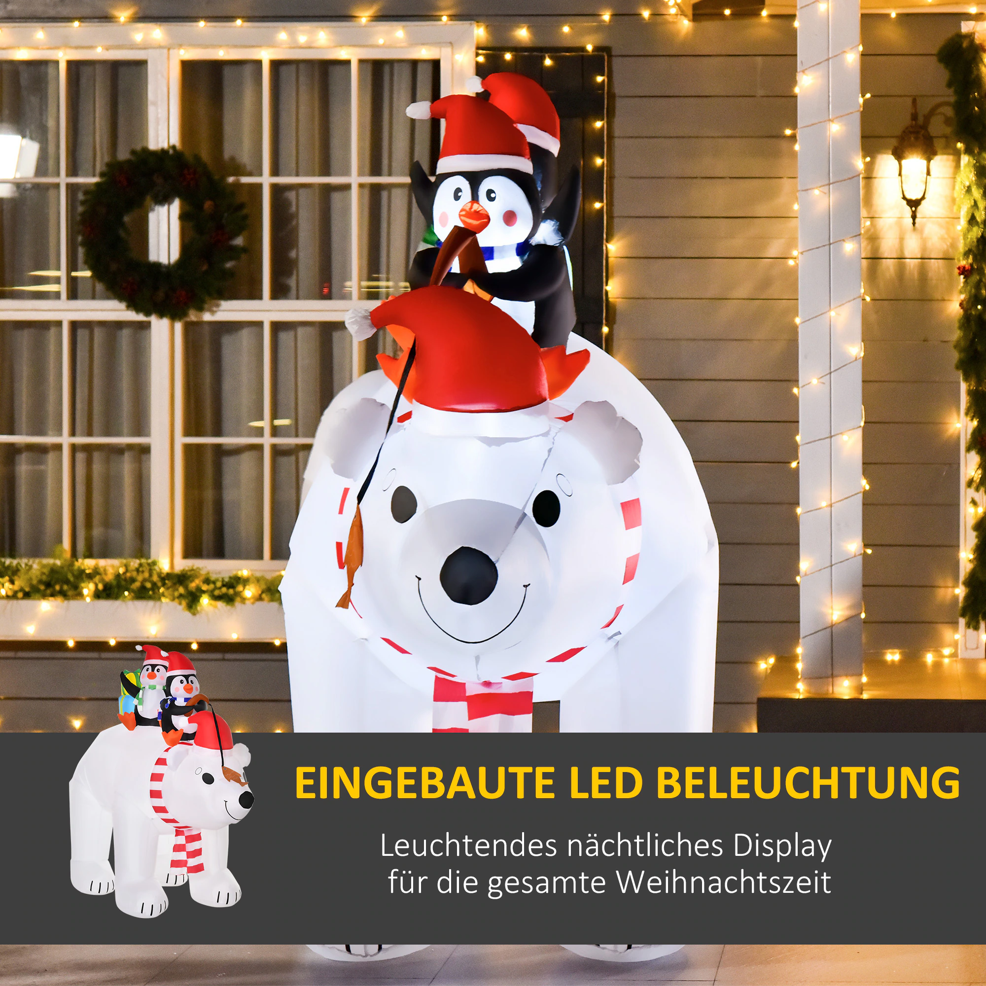HOMCOM Aufblasbarer Pinguin und Eisbär mit Beleuchtung bunt 227B x 113T x 206H cm