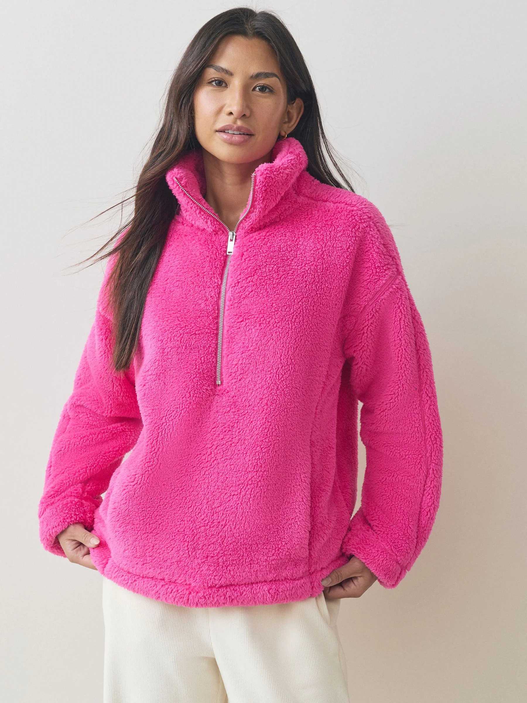 Felroze - Borg fleece met korte rits
