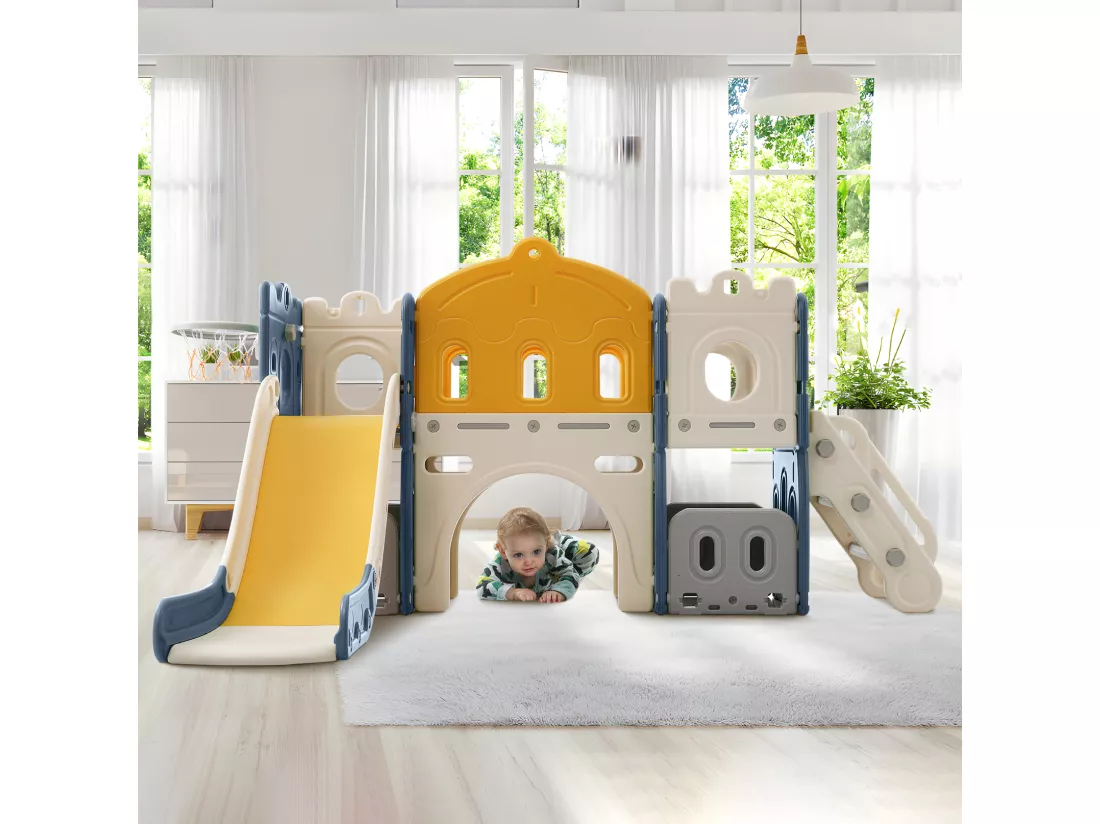 Toboggan château pour enfants 6 en 1 -190 x 151 x 106cm - en HDPF - avec escalade et panier de basket - Bleu
