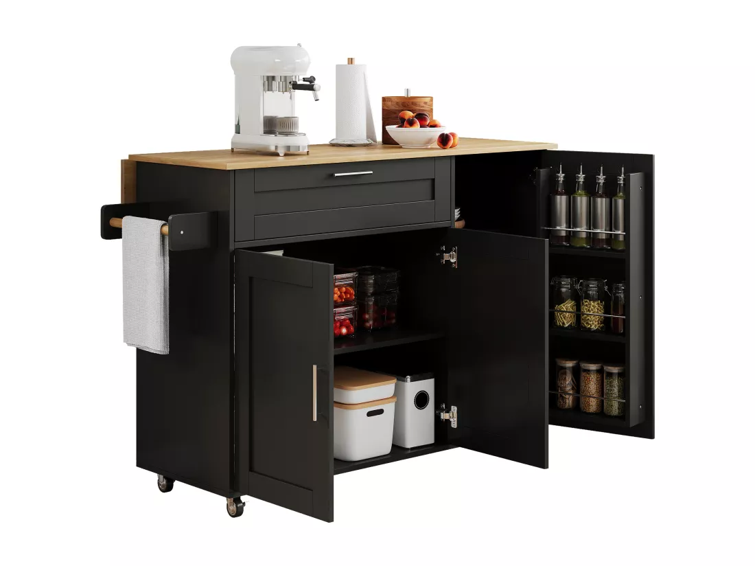 Ilot central de cuisine - avec comptoir pliant - multiples rangements - Noir