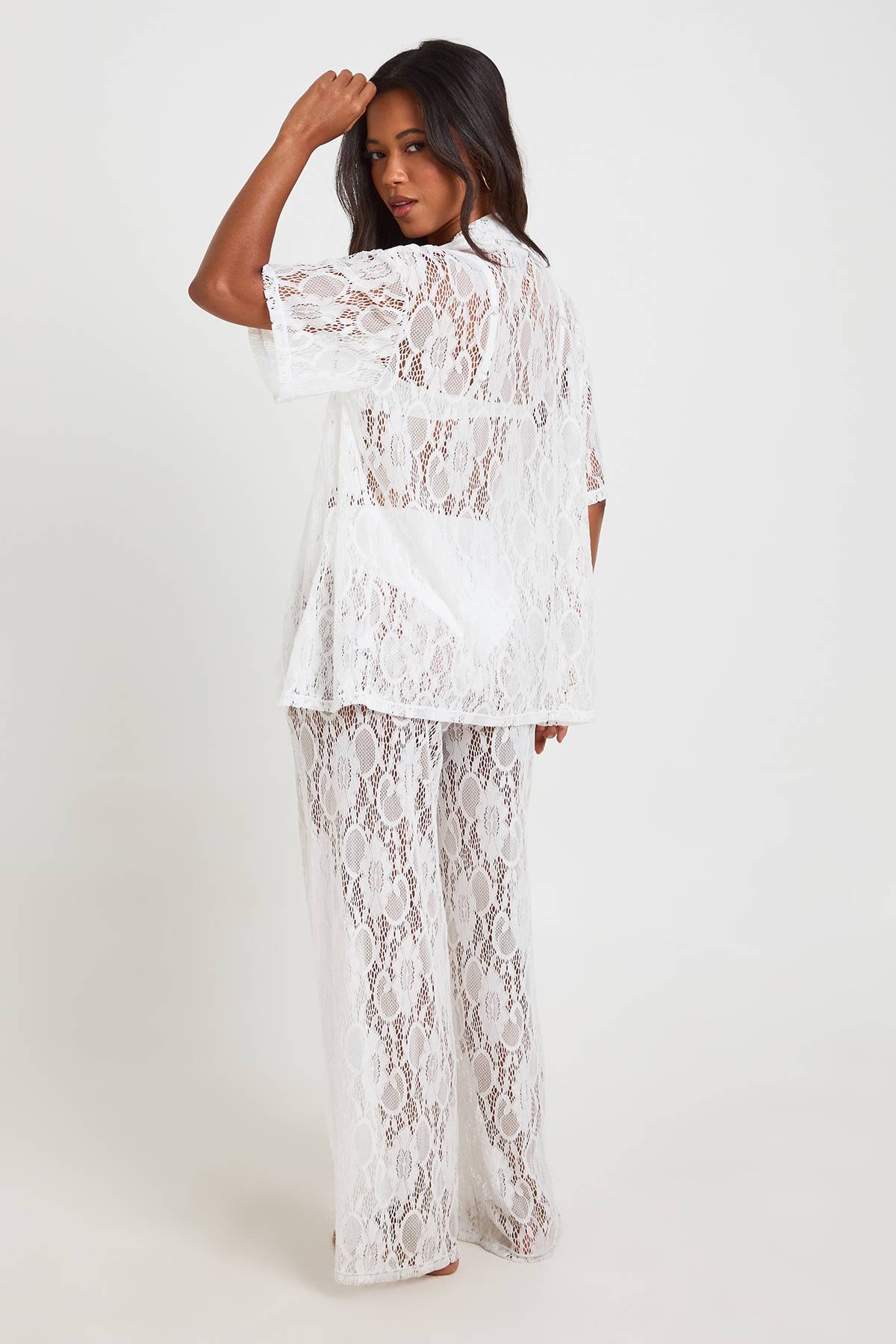 boohoo Ensemble Coordonné Chemise De Plage En Dentelle À Manches Courtes Et Pantalon Large