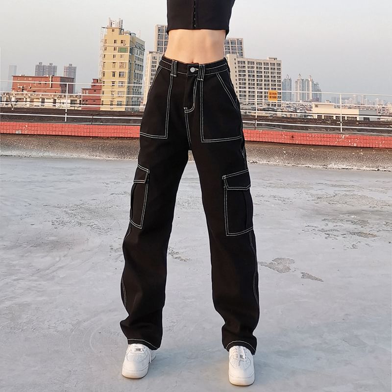 BrickBlack - Hoge taille contrasterende stiksels rechte jeans