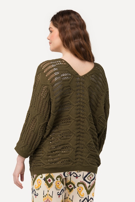 Pullover, Ajourmuster, V-Ausschnitt, 3/4-Arm, Biobaumwolle