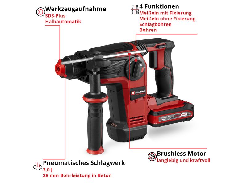 Einhell Schnurloser Bohrhammer TP-HD 18/28 Li BL 4 (1x3.0Ah Universell einsetzbare Akku-Schlagbohrmaschine