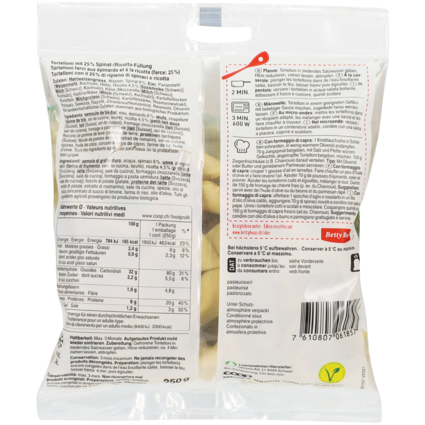 Betty Bossi Naturaplan Bio Tortellini mit Ricotta & Spinat