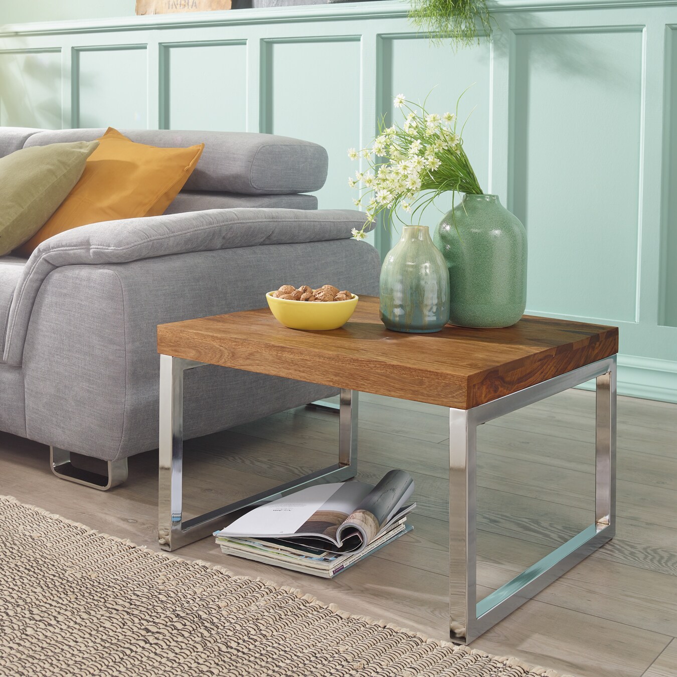 KADIMA DESIGN Quadratischer Couchtisch: Massivholz, Metallgestell, 60x40x60 cm, Sheesham-Massivholz, pflegeleicht.