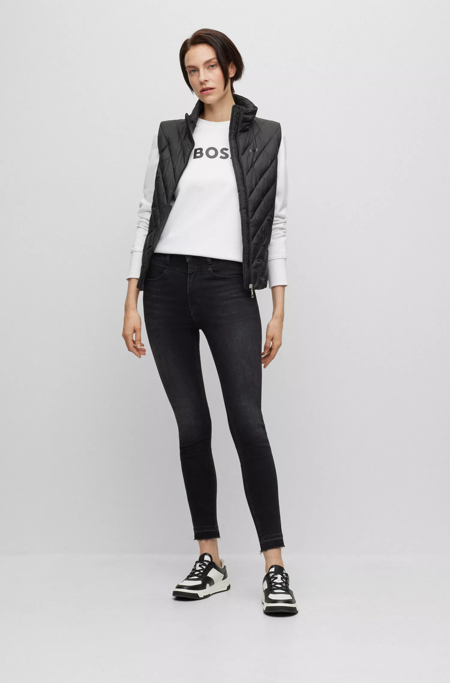 Calça jeans BOSS preta de cintura alta em denim elástico preto