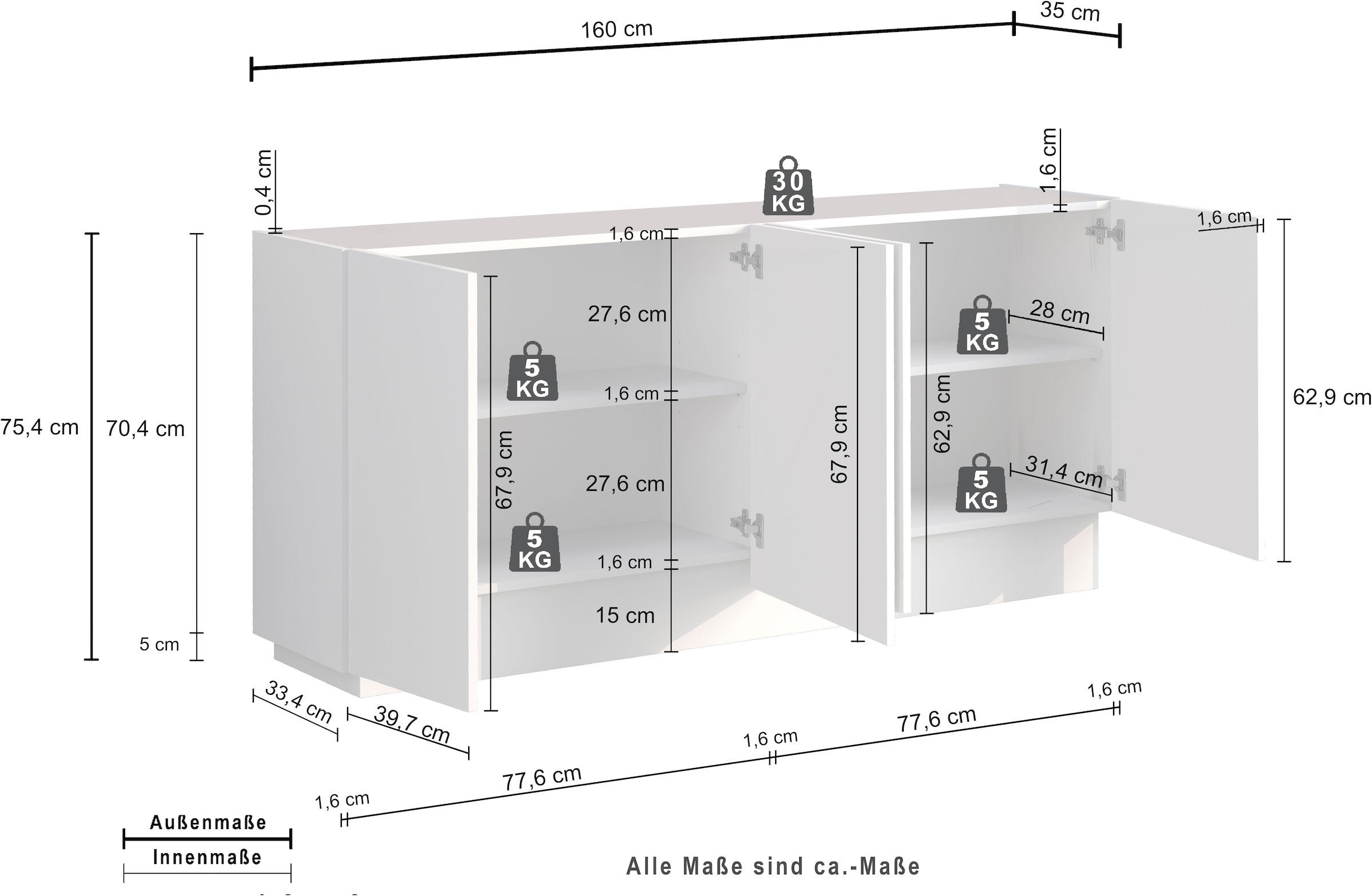 INOSIGN Sideboard »VELA, Sideboard, Breite 160 cm, Design mit schrägen Türen« 1 Stk. tlg. Made in Italy, Masse-B/T/H: 160x35x75,Sideboard, Anrichte, Kommode