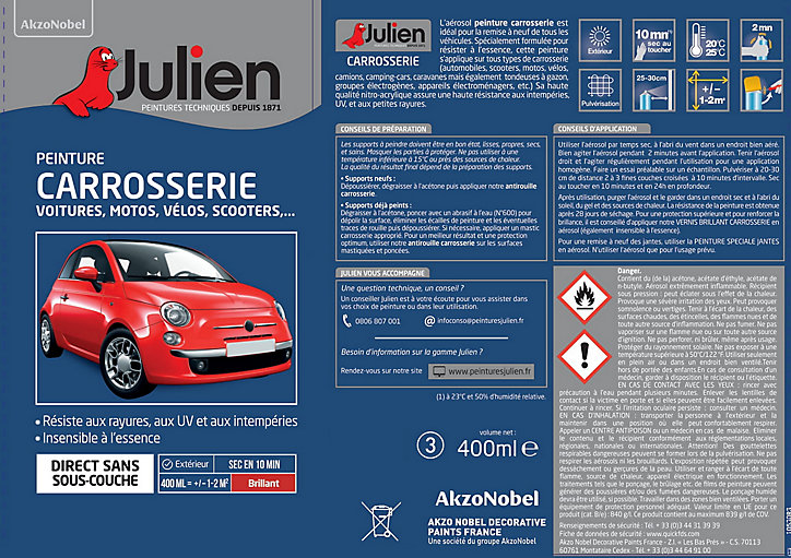 Peinture aérosol spécial carrosserie Julien brillant rouge diable RAL 37090 400ml