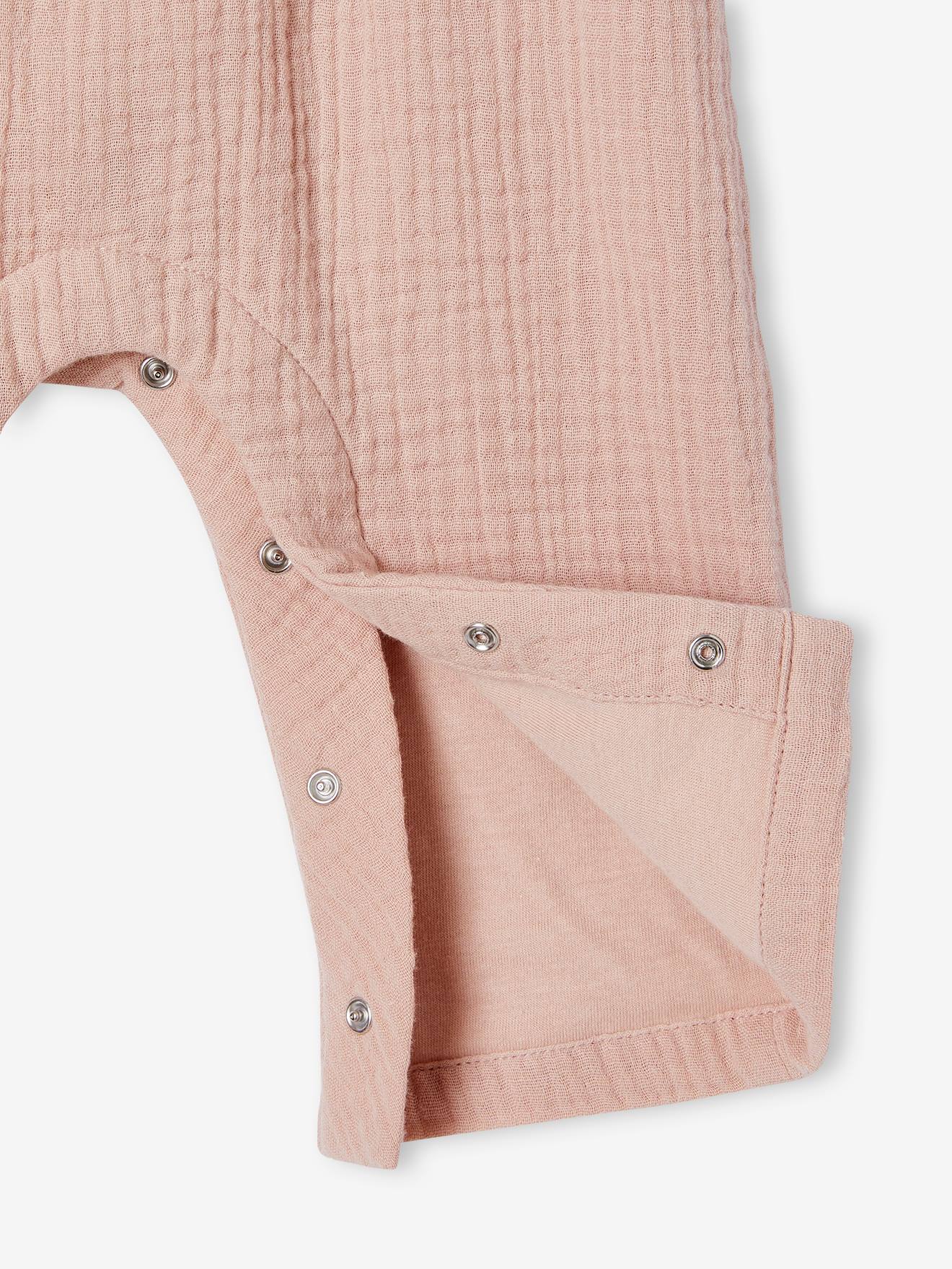 Macacão infantil rosa em chiffon de algodão, cor de maquiagem, com forro.