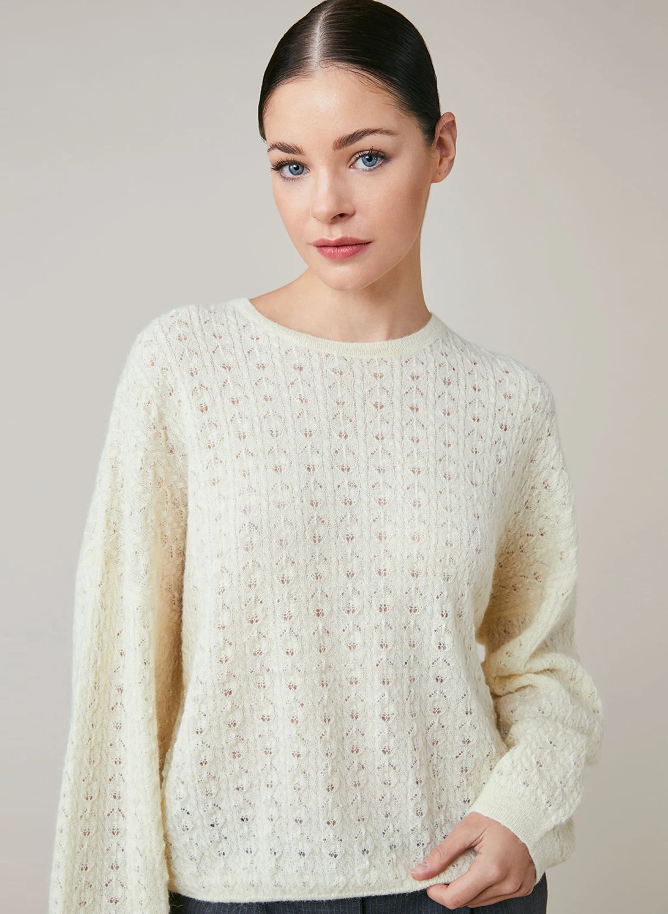 ERMENCE - Pull oversize col rond en alpaga mélangé | Blanc