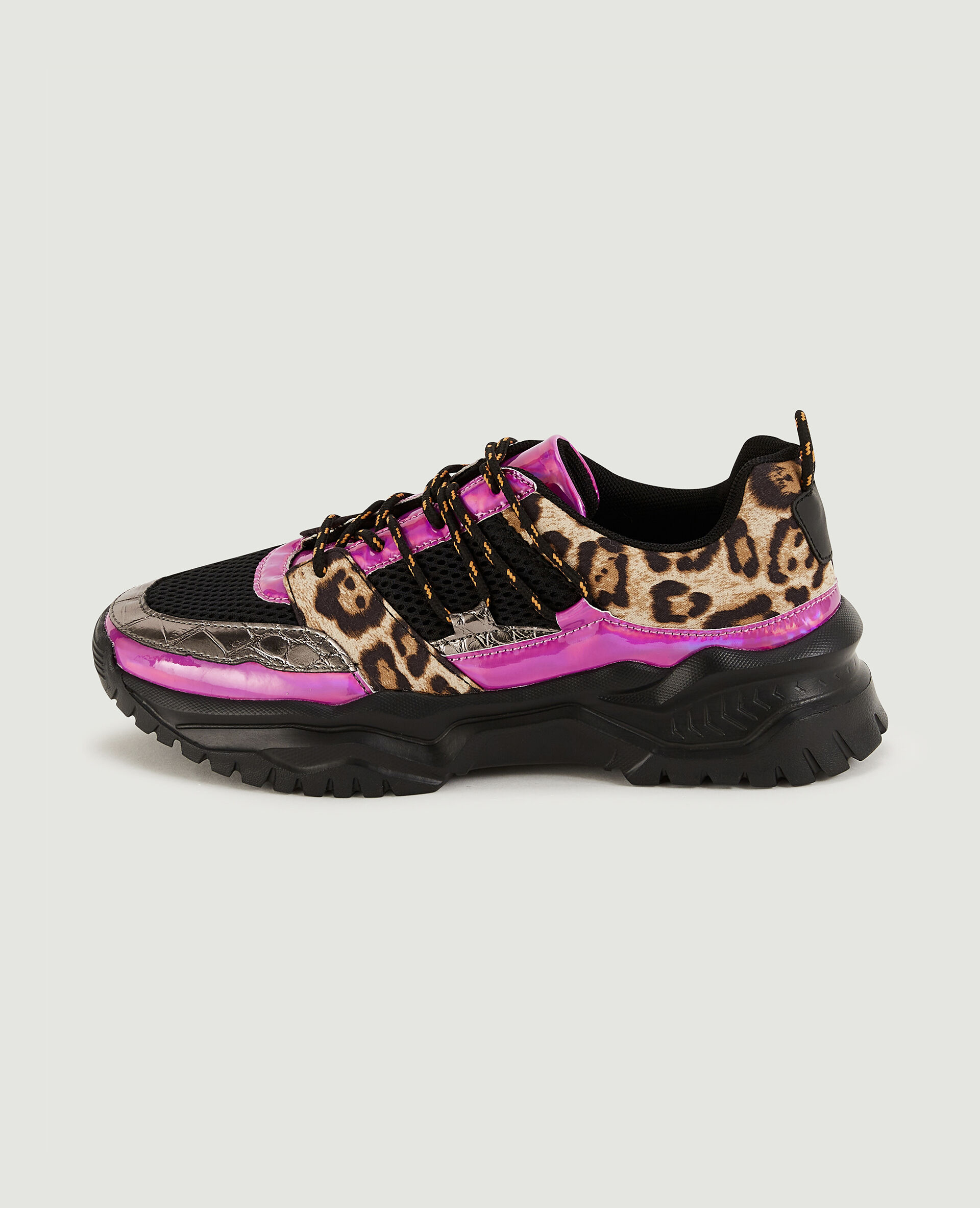 Sneakers multi-matière avec motif léopard - Noir