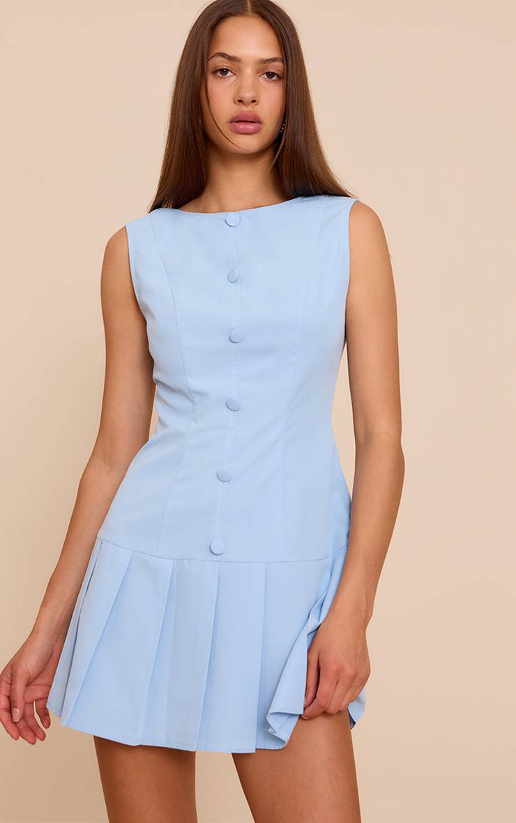 Bleu Layette Robe Droite À Boutonnage Et Ourlet Plissé