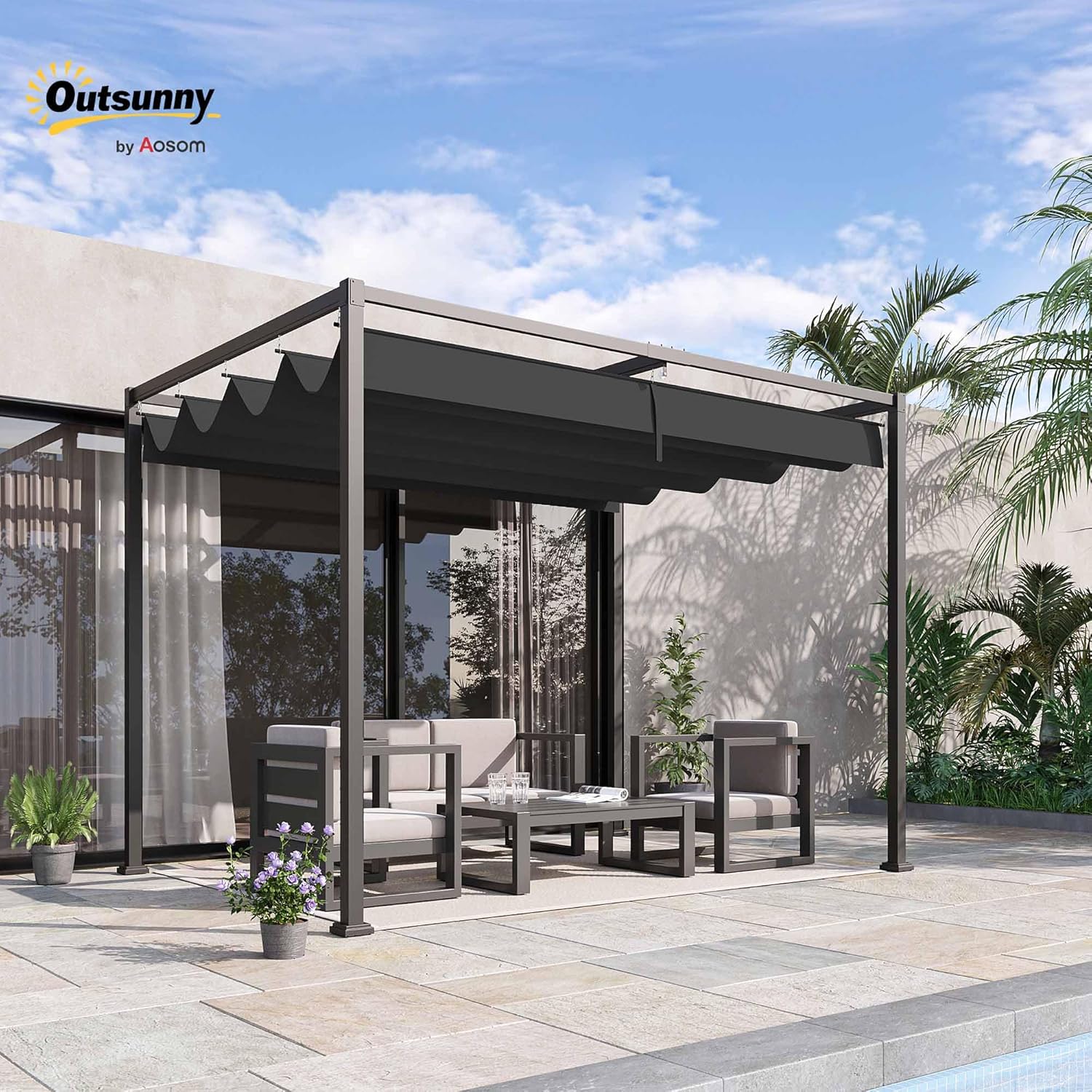 Outsunny Pergola ca. 3x2m Garten Pavillon Terrassendachung Metall Freistehender Gartenpavillon mit Verstellbares Dach, UV Schutz, Sonnenschutz für Terrasse und Garten, Schwarz+Grau