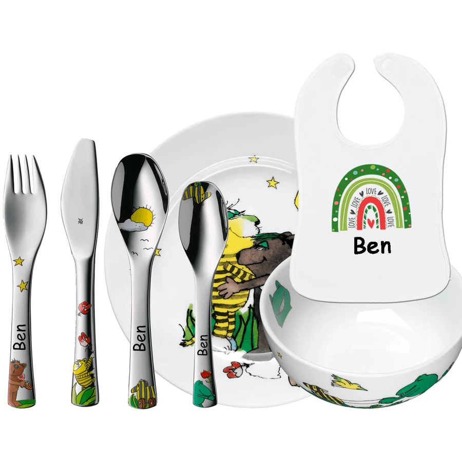 Schnullireich Geschenkset mit Namen Janosch: WMF Kinderbesteck + TellerSchale+ Lätzchen Silber