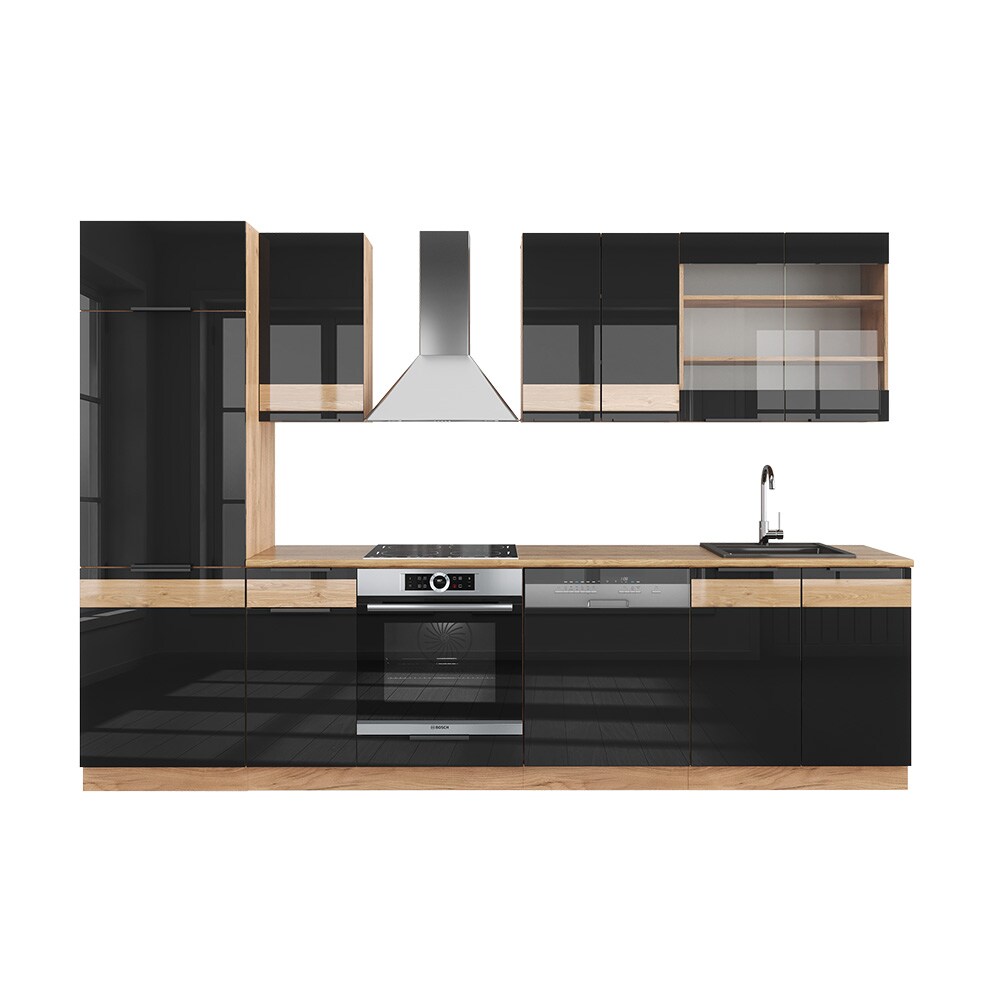 Vicco Küchenzeile Küchenblock Einbauküche Fame-Line Eiche Schwarz 300 cm modern Hochglanz Küchenschränke Küchenmöbel